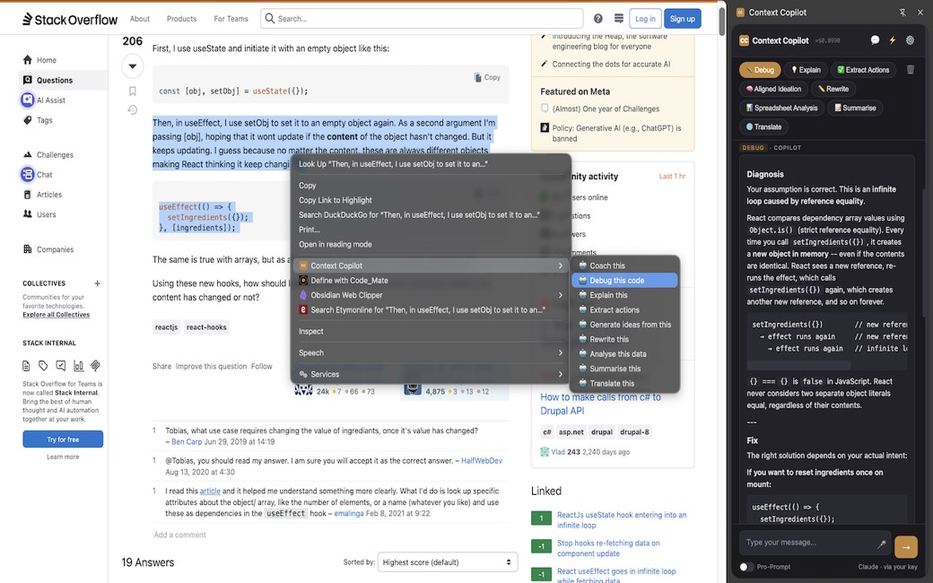 Context Co-Pilot Debug skill tracing an error in the side panel